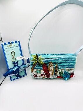 Beaded Surfboard Bag in Aqua Blue with coordinating shark charm & keychain